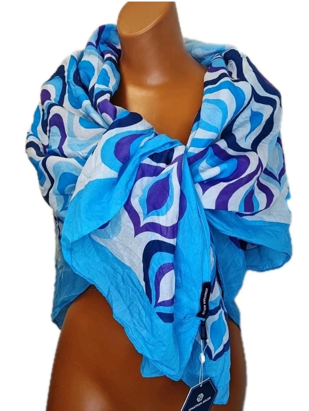 Jonathan Adler Silk Cotton Wrap Scarf Blue Purple Retro Swirl Geodes Nwt Flawed